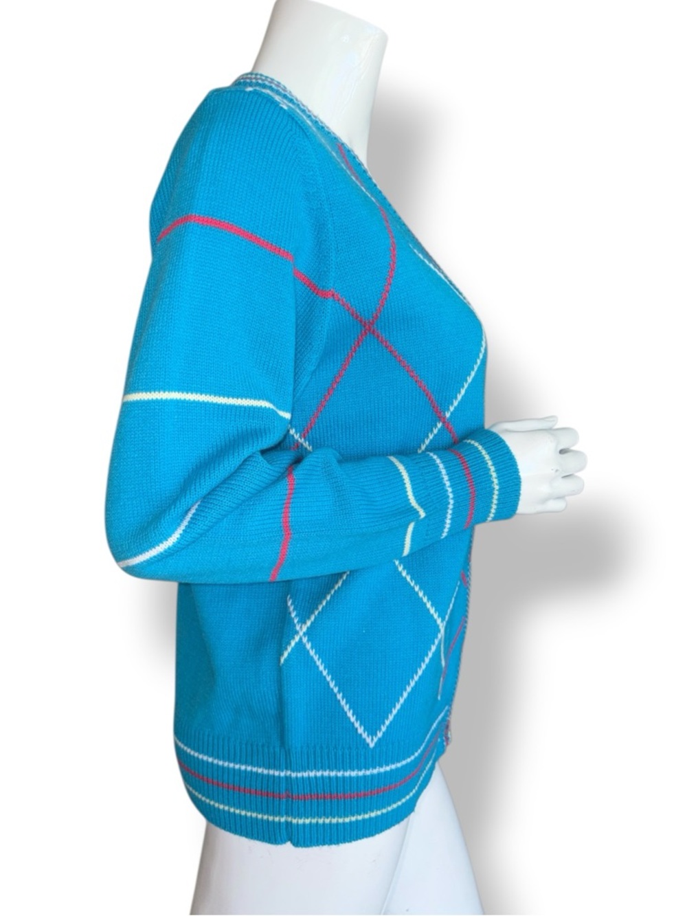 Aurea Bright Teal Argyle Button-Front Cardigan. Women’s Size Medium - Picture 3 of 7